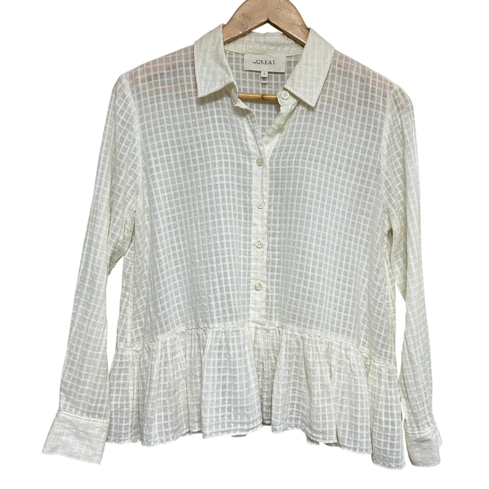 The Great. The Ruffle Oxford Top Womens XS Sheer Popover Blouse Romantic *Flaw‎
